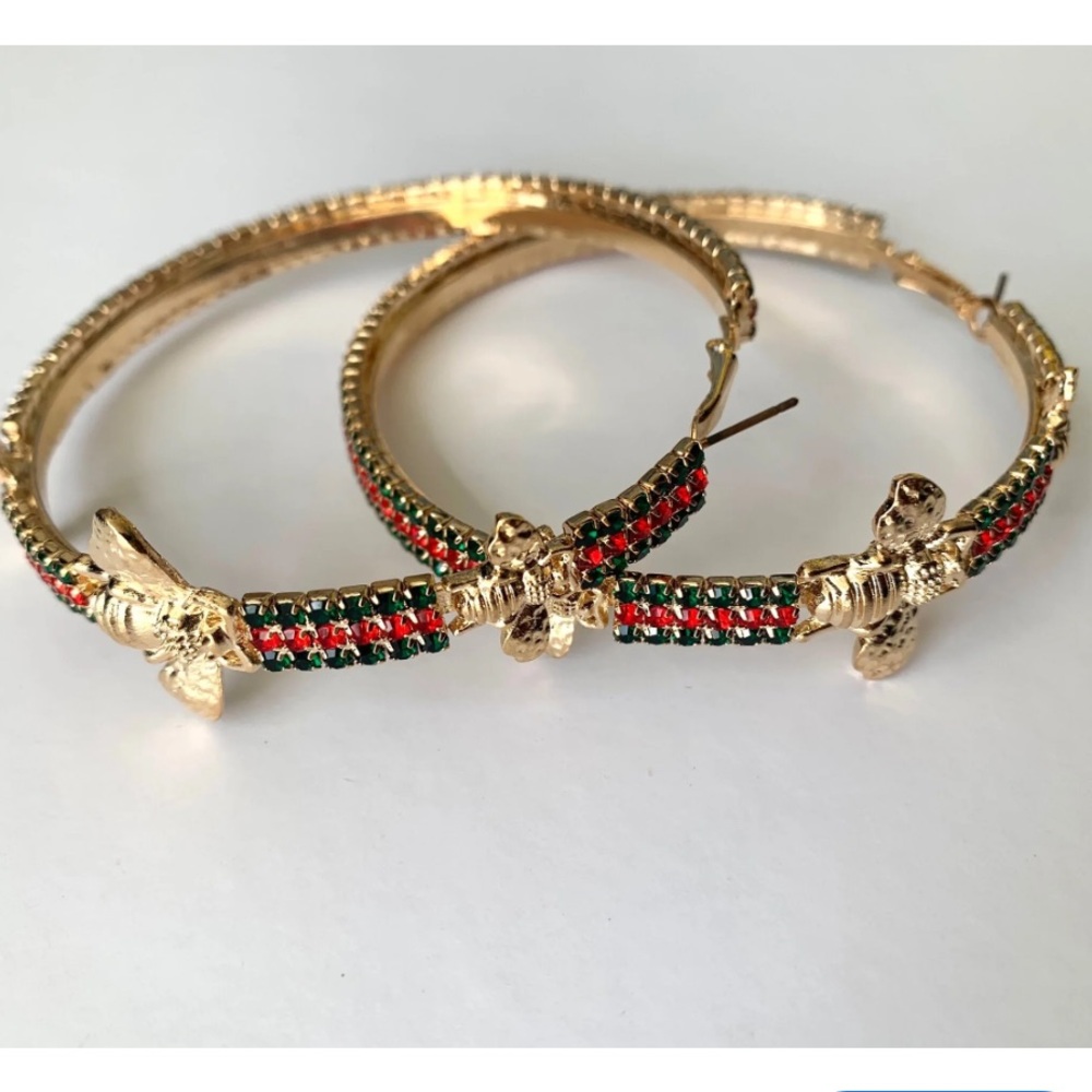 Bee Gold Hoop Earrings embellished with red and green crystals
